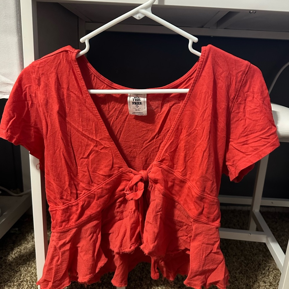 Free People Red Ruffled Tie-Front Blouse